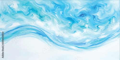 Abstract painting with swirling waves of light blue and white paint creating a fluid motion effect across a horizontal canvas with visible brushstrokes and blended pigment textures