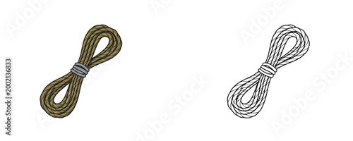 Colored and black outline coiled climbing rope illustrations in cartoon and line art styles with brown fiber and grey binding for mountaineering gear on white background