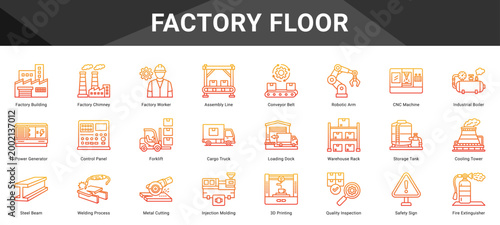 FACTORY FLOOR  Icon set collection. Vector icon pack featuring thematic icons for your presentations or business.