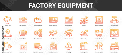 FACTORY EQUIPMENT  Icon set collection. Vector icon pack featuring thematic icons for your presentations or business.