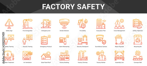 FACTORY SAFETY  Icon set collection. Vector icon pack featuring thematic icons for your presentations or business.