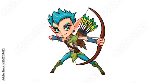 A cartoon fantasy character mascot vector of a slender elf holding a bow and arrow in a dynamic stance.