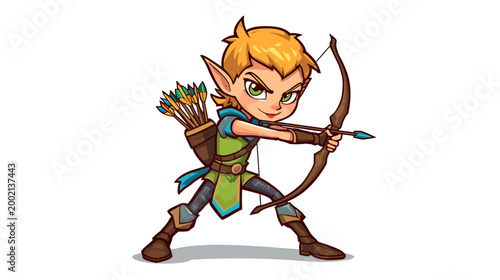 A cartoon elf character holds a bow and arrow in a dynamic stance.