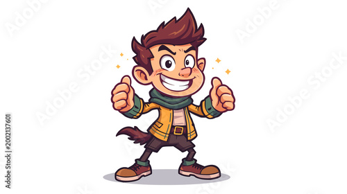 A cute cartoon character, a smiling boy with brown hair, wearing a yellow jacket and brown pants, gives thumbs up in a vector illustration.