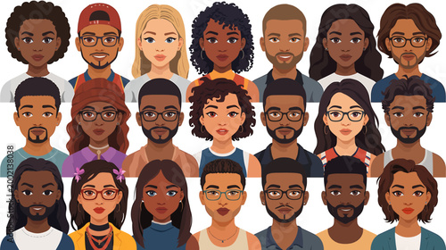 Diverse group of cartoon characters with various skin tones and hairstyles gathered together in a flat design illustration for a multicultural representation.