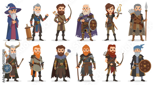 A group of fantasy characters are standing together in a vector illustration including a wizard.