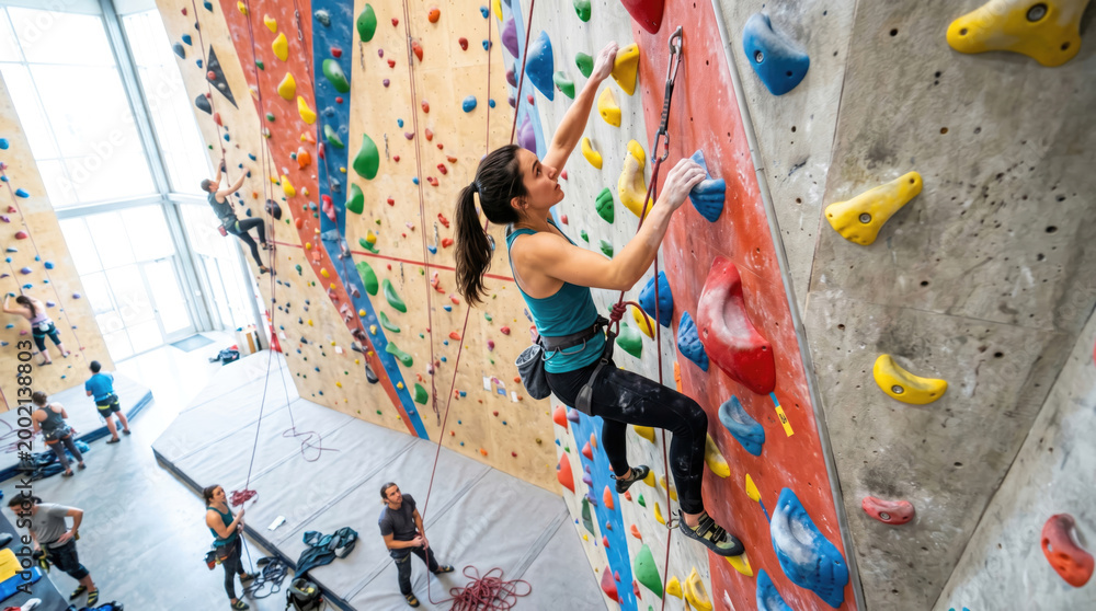 Fototapeta premium A young Caucasian woman with long dark hair climbs a colorful indoor rock wall. Other climbers are visible in the background, engaged in the activity.