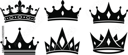 Elegant collection of six black crown silhouettes featuring diverse royal designs, heraldic motifs, decorative elements, and regal artistic symbolism