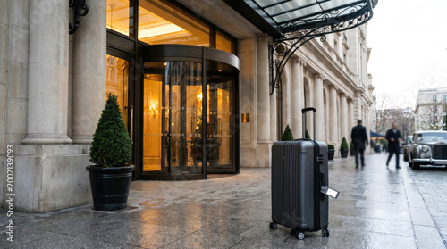 A modern hotel entrance with a revolving door. A black suitcase is placed on the wet pavement. People walk by in the background, creating a bustling atmosphere.