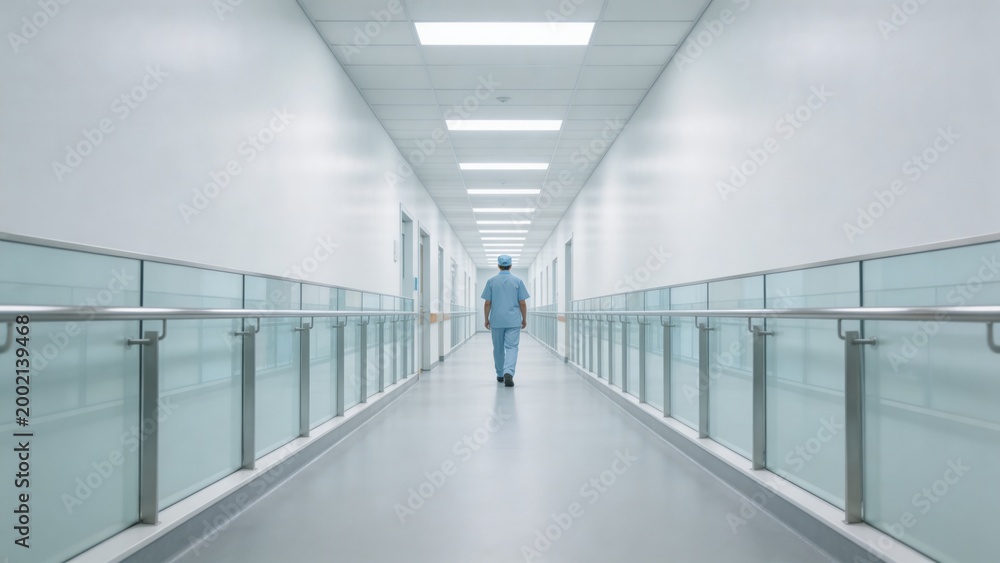 Obraz premium A serene and clean hospital corridor with a healthcare professional walking down the center, surrounded by glass railings and modern fluorescent lighting, conveying a sense of safety, hygiene, and