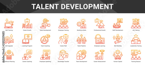 TALENT DEVELOPMENT  Icon set collection. Vector icon pack featuring thematic icons for your presentations or business.