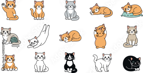 Cute Cat Illustration Set with Various Poses and Expressions for Pet, Animal, and Cartoon Design Projects