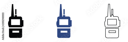 Walkie Talkie Radio Icons Communication Device Set. Set of walkie talkie icons in outline, solid, and colored styles with signal waves, representing wireless communication and radio devices.