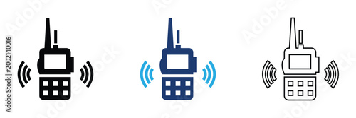 Walkie Talkie Radio Icons Communication Device Set. Set of walkie talkie icons in outline, solid, and colored styles with signal waves, representing wireless communication and radio devices.