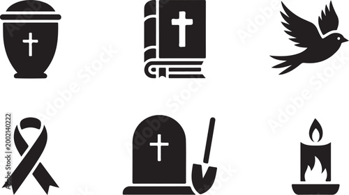 Set of funeral and death icons including urn bible dove ribbon tombstone and candle symbols