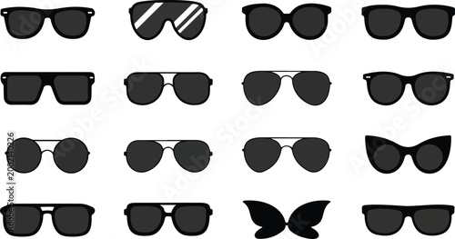 Minimal Sunglasses Silhouette Vector Set  16 Eyewear Styles Flat Design Grid Collection