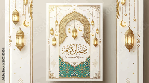 Ramadan kareem greeting card with golden lanterns, islamic arch, and traditional patterns