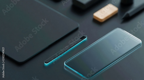 Top View of a Modern Dark Desk with Smartphone Tablet and Stylus Featuring Glowing Blue Neon Outlines