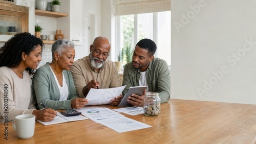 Multigenerational family reviewing financial documents and savings at home