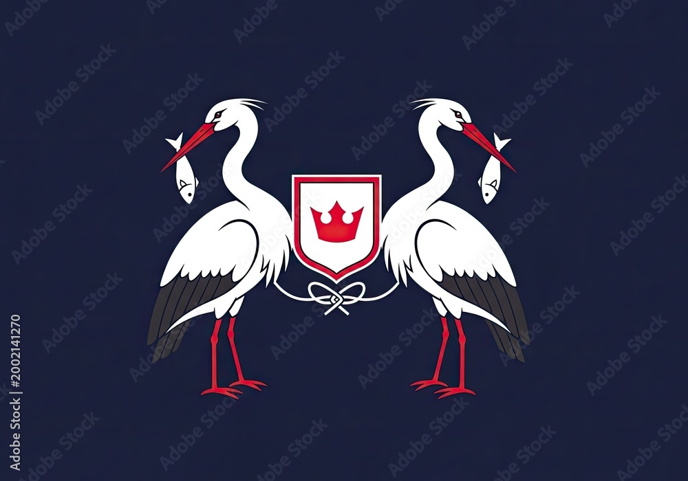 Fototapeta premium Heraldic emblem of two storks with fish and shield