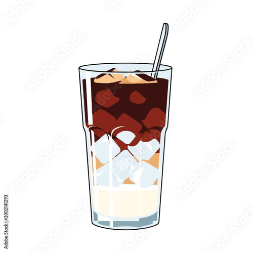 Refreshingly layered iced coffee in a tall glass with ice cubes and a straw, inviting coolness.