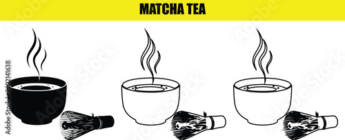 Matcha tea vector set. traditional japanese beverage with whisk and cup. healthy drink collection.