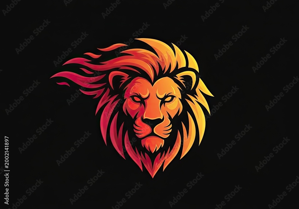 Fototapeta premium Lion head mascot logo with fiery mane on black background