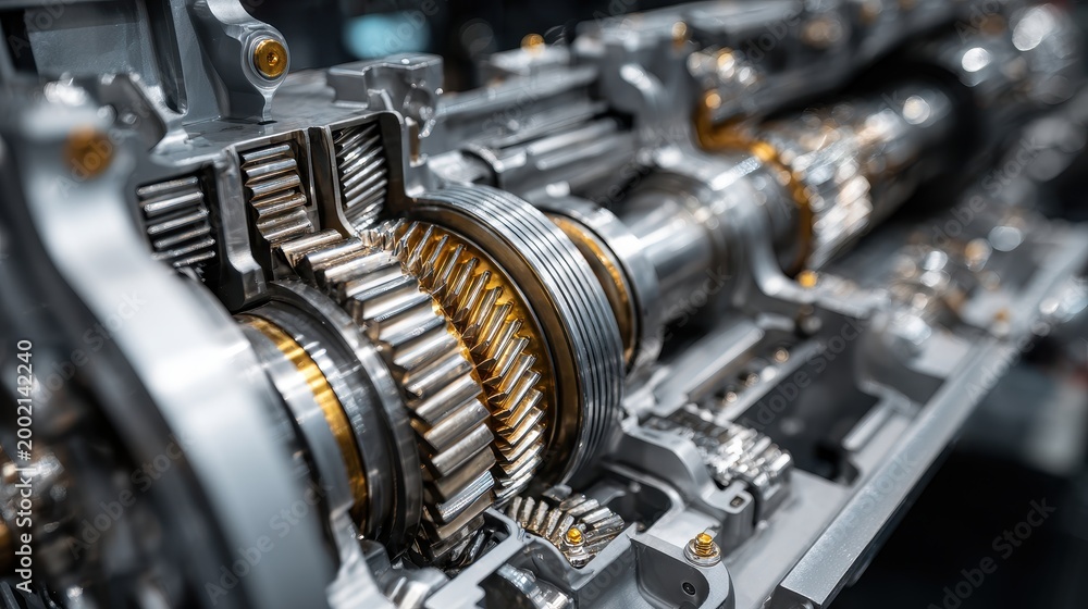 Naklejka premium High quality photo of closeup view of a complex automatic transmission gearbox mechanism.