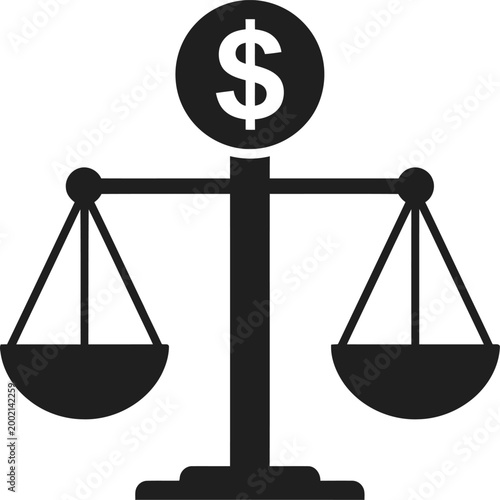 A clean black vector illustration graphic of a traditional balance scale with a prominent dollar sign symbol, representing financial justice or economic equilibrium.