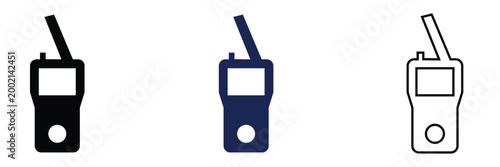 Walkie Talkie Radio Icons Communication Device Set. Set of walkie talkie icons in outline, solid, and colored styles with signal waves, representing wireless communication and radio devices.