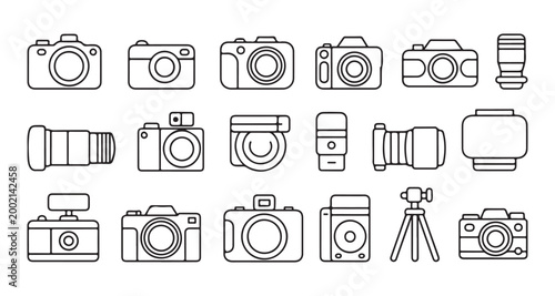 Collection of black and white outline icons for various photography equipment and cameras.