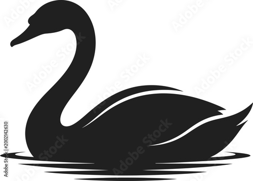 Minimalist vector illustration of a graceful swan swimming, featuring elegant black contours and a clean silhouette design for modern creative artistic projects.