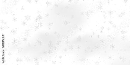 Vector snowflakes in different shapes and forms. Heavy snowfall and many white cold flake elements on transparent background. Winter snow background for holiday season celebration.