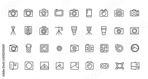 Photography and camera icon collection featuring various digital devices lenses tripods and accessories.