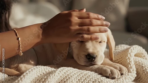 A heartwarming close-up captures a tender moment between a person and a golden puppy, showcasing affection and companionship on a cozy blanket.