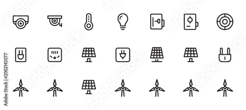 Eco energy and home surveillance icon set featuring renewable power sources and security gadgets.