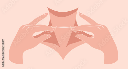 Hands gently applying a thin strip to the neck area, suggesting hair removal, skin firming, or a specialized beauty treatment for smooth skin.