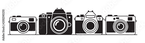 Row of vintage and modern cameras line art vector illustration on white background.