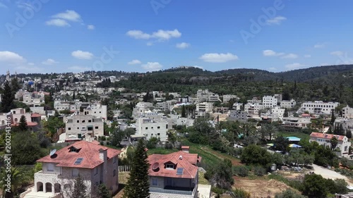 Aerial View of Abu Ghosh Village, Israeli Judean Hills on a beautiful day