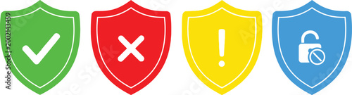 Shield icons with symbols checkmark cross exclamation point and lock