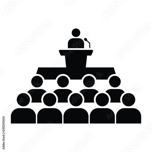 Man speaker at podium addressing crowd audience solid black icon for business conference