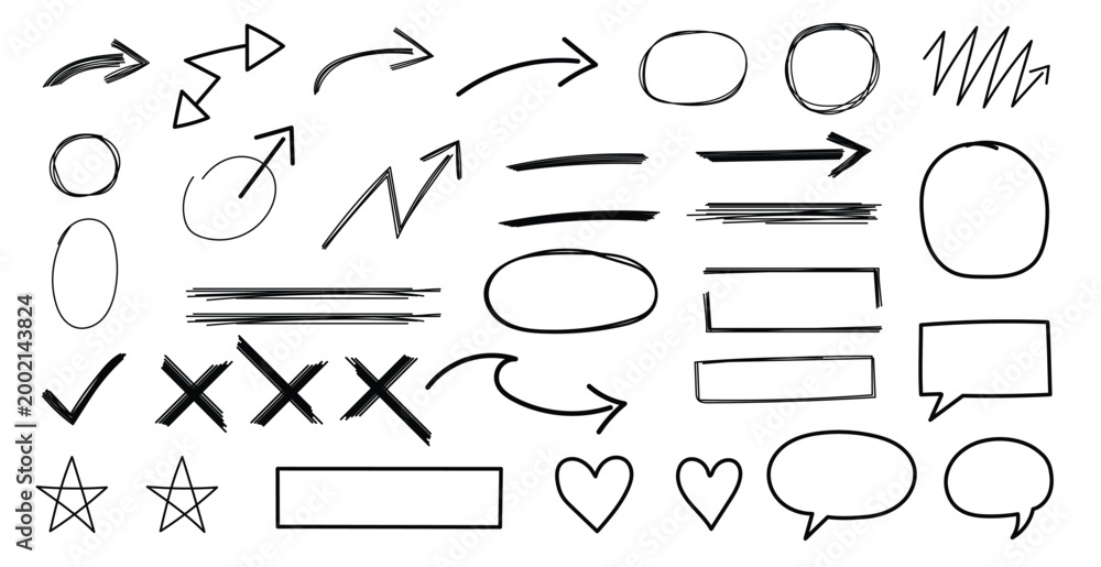 Naklejka premium Hand drawn doodle style arrow, speech bubble, heart, check mark, underline. Vector illustration.
