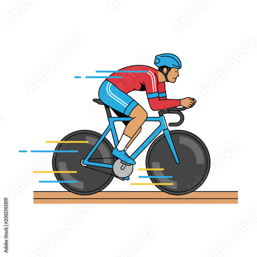 Olympic cyclist racing on track, side view motion, isolated vector on white