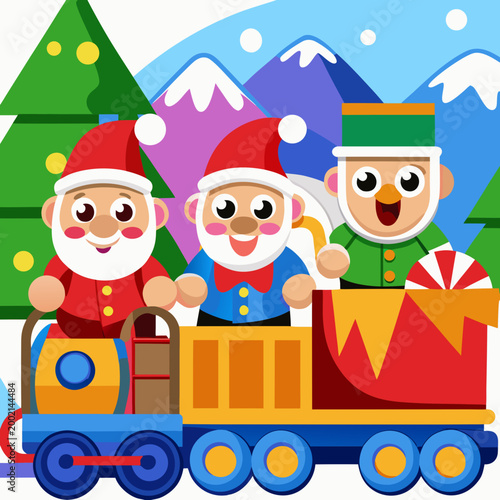 Santa and elves riding a colorful train full of presents through a snowy mountain landscape, joyful Christmas vector on white background