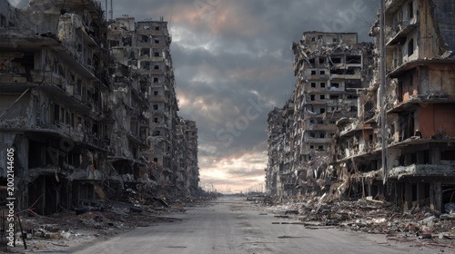 High quality photo of post apocalypse after war or earthquake, apocalyptic destroyed city.