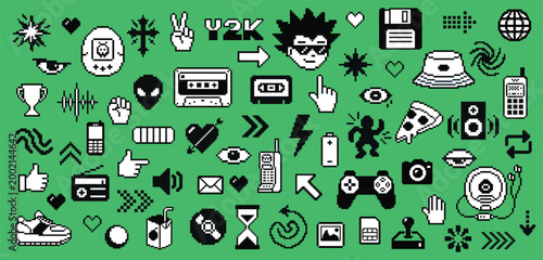 Y2K retro pixel art icon collection with 90s technology for trendy design