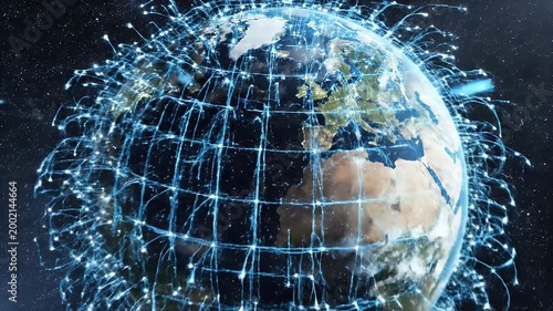 A stunning digital artwork depicts Earth from space, overlaid with a network of glowing connections symbolizing global communication and interconnectedness.