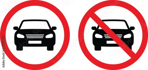 Canvastavla Vector graphic illustration displaying a car symbol and a definitive 'no vehicles allowed' prohibition sign, both designed with bold red and black graphic elements