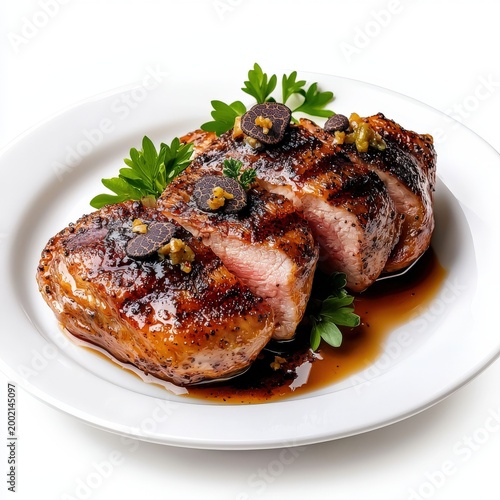 Juicy roasted duck breast with crispy skin, fresh herbs and savory sauce served on white plate ideal for gourmet dining and fine culinary presentation