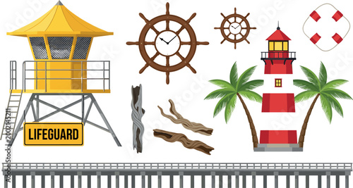 Vector Illustration of Beach and Lifeguard Icons Including Lifeguard Tower, Lighthouse, Ship Wheel, Palm Trees, and Wooden Pier
